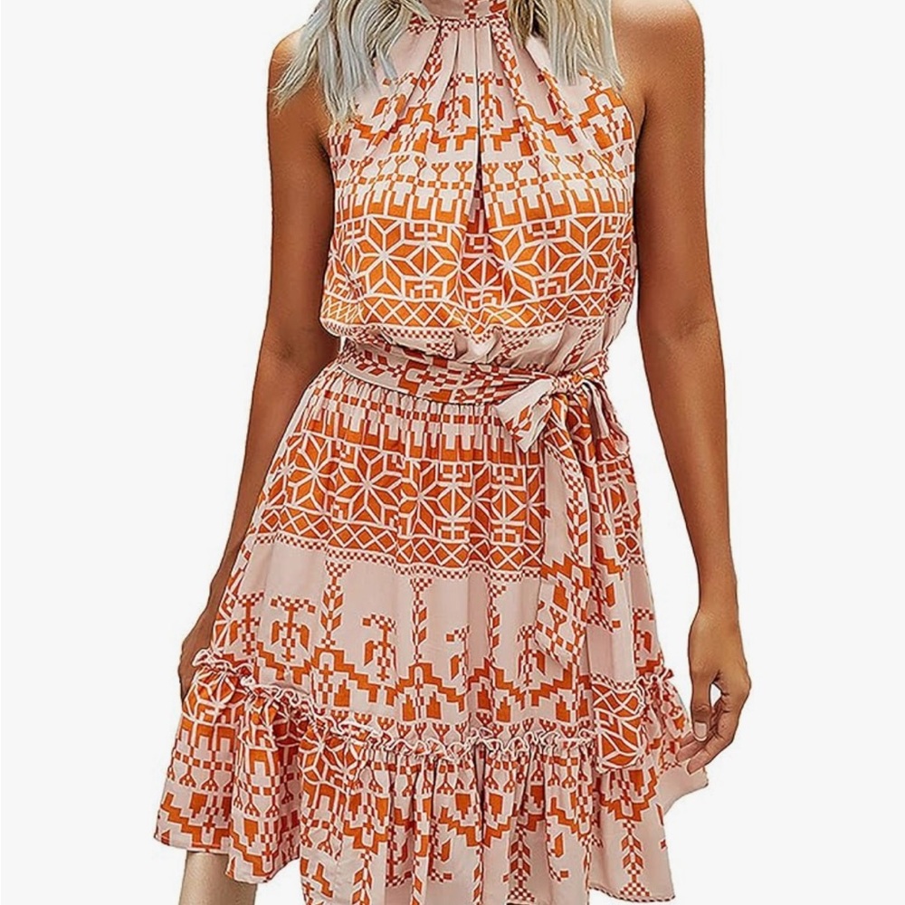 Geometric Print Orange Dress